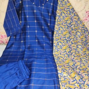 Raw Silk Three Piece Set With Lining Kalamkari Dupatta